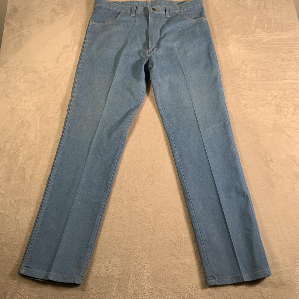 VTG Rustler Jeans Mens 38x32 Light Blue Denim Straight Made in USA Cotton Poly
